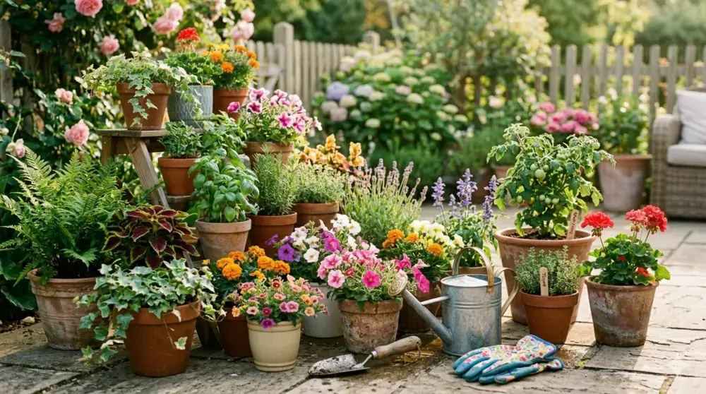 Group of Container Plants with Watering Tools