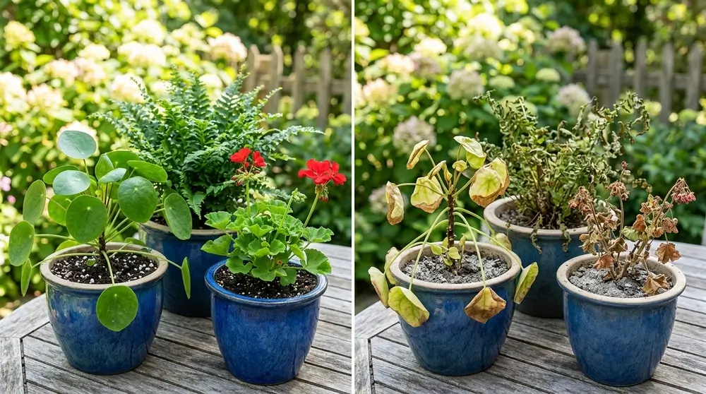 Healthy vs Dying Container Plants Comparison