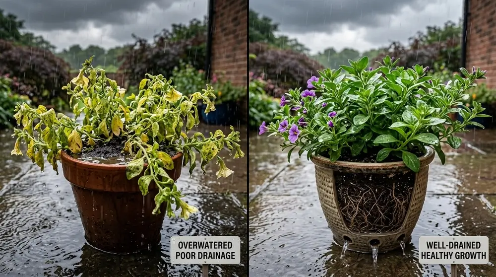 Overwatered vs Healthy Container Plants Comparison
